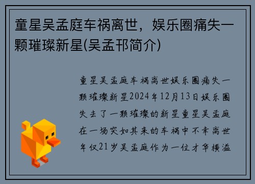 童星吴孟庭车祸离世，娱乐圈痛失一颗璀璨新星(吴孟邗简介)