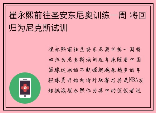 崔永熙前往圣安东尼奥训练一周 将回归为尼克斯试训