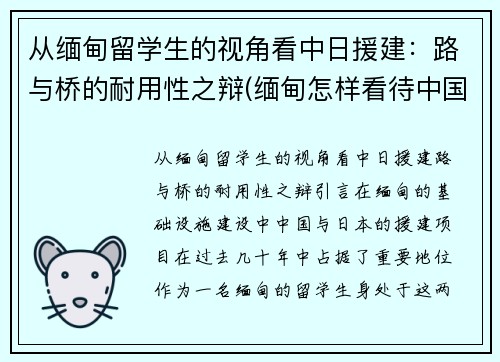 从缅甸留学生的视角看中日援建：路与桥的耐用性之辩(缅甸怎样看待中国支援缅北)