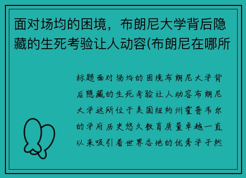 面对场均的困境，布朗尼大学背后隐藏的生死考验让人动容(布朗尼在哪所大学)