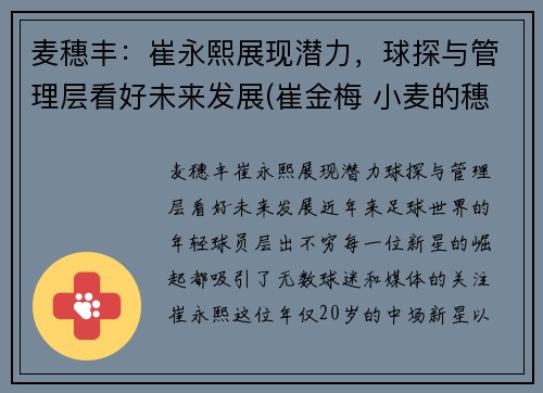 麦穗丰：崔永熙展现潜力，球探与管理层看好未来发展(崔金梅 小麦的穗)