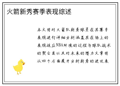 火箭新秀赛季表现综述