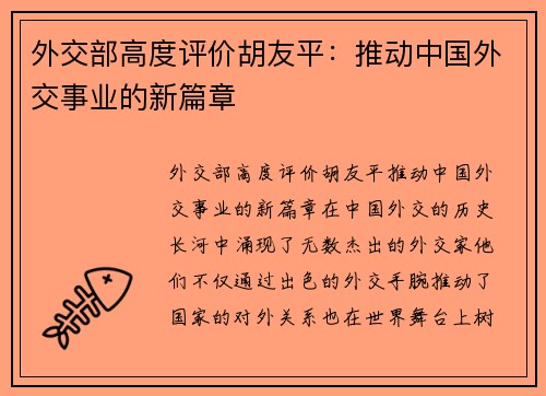 外交部高度评价胡友平：推动中国外交事业的新篇章